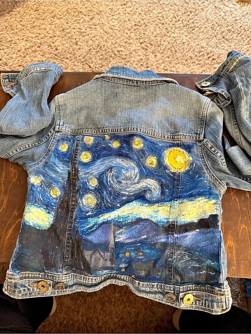 Hand-Painted Denim Jean Jacket in Blue & Yellow Van goth starry night